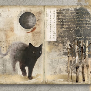 May include: A black cat walks across a page of a vintage book with a dark circle and Japanese text. The opposite page has a faded image of bamboo stalks.