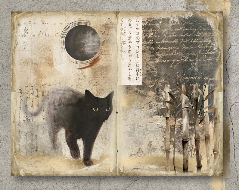 May include: A black cat walks across a page of a vintage book with a dark circle and Japanese text. The opposite page has a faded image of bamboo stalks.