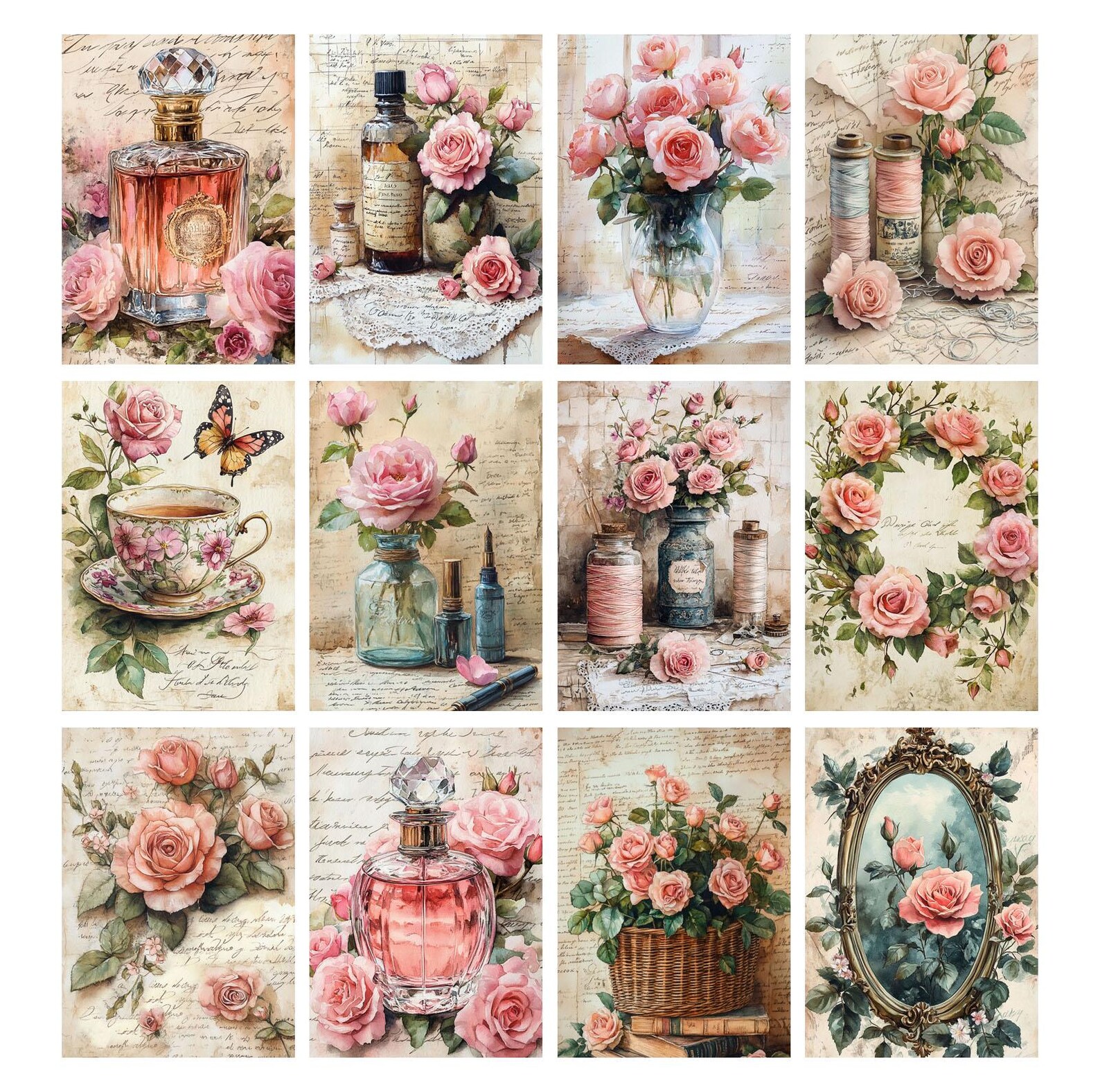 Shabby Chic Pink Roses Paper Printable Paper Pack, A-4 Junk Journal ...