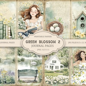 Green Blossom 2 ongewenste dagboekpagina's, lente-ephemera, afdrukbaar plakboek, afdrukbaar papier, digitale collage, lentepagina's, digitale collage