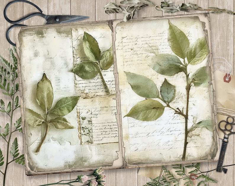 May include: Two pages of a vintage journal with pressed green leaves and handwritten text. The pages are aged and have a distressed look.