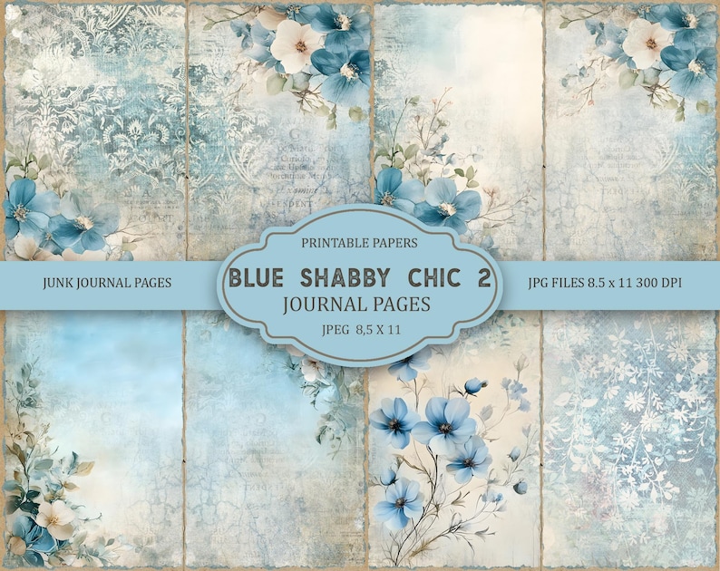 Blue Shabby Chic Junk Journal Kit: Printable Scrapbook Pages JPG, Part ...