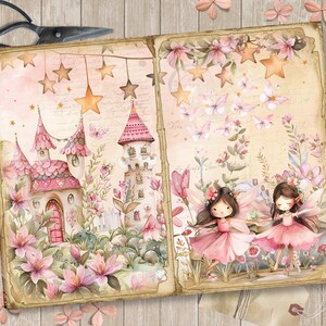 May include: A vintage-style scrapbook page with a pink castle, two fairies with pink wings and dresses, and a background of pink flowers and stars.