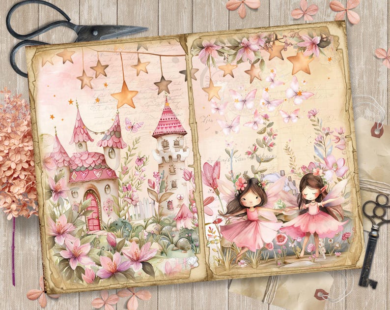 May include: A vintage-style scrapbook page with a pink castle, two fairies with pink wings and dresses, and a background of pink flowers and stars.