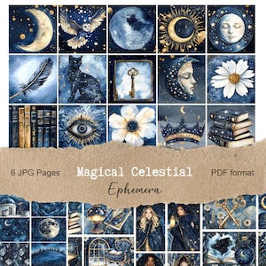 Puede incluir: Una colección de impresiones de arte digital con temática celestial y mágica. Las imágenes presentan lunas, estrellas, búhos, gatos, llaves y flores en tonos azules, dorados y blancos. El texto de la imagen dice "Magical Celestial Ephemera".
