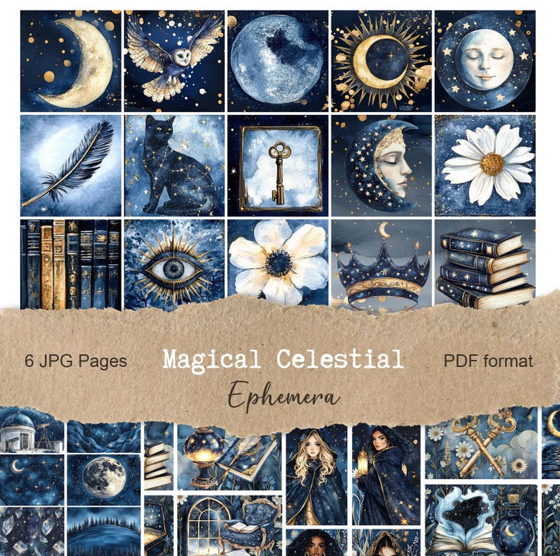 May include: A collection of digital art prints with a celestial and magical theme. The images feature moons, stars, owls, cats, keys, and flowers in shades of blue, gold, and white. The text on the image reads "Magical Celestial Ephemera".