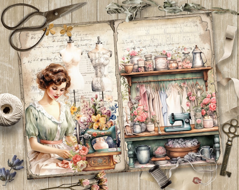 Vintage Sewing, 5 Digital Junk Journal Pages, Scrapbook Paper Kit ...