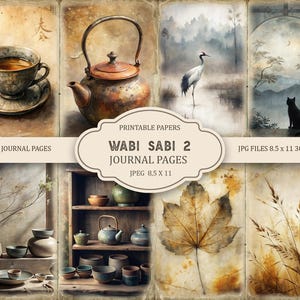 Puede incluir: Una colección de páginas de diario imprimibles con una estética vintage. Las páginas presentan ilustraciones en acuarela de una taza de té, una tetera, una grulla, un gato y otros elementos inspirados en la naturaleza. El texto de la imagen dice "Wabi Sabi 2 Journal Pages".