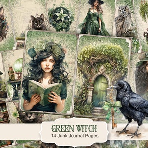 Kit Green Witch Junk Journal, pagine di streghe, stampe per album, carta stampabile, collage digitale, carta alle erbe, foglio per collage.