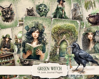 Green Witch Junk Journal Kit, Witch Pages, Scrapbook printables, Printable Paper, Digital Collage, Herbal  Paper, Collage Sheet.