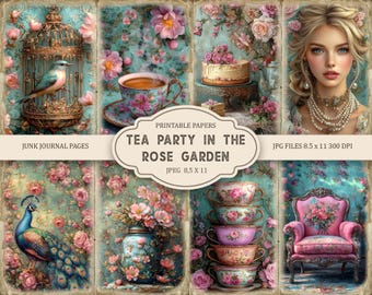 Tea Party in the Rose Garden Journal Pages, Spring Ephemera, Rose printable, Printable Paper, Digital Collage, Pages, Digital Collage