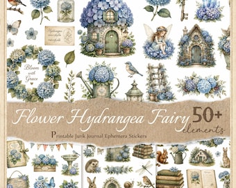 Flower Hydrangea Fairy Stickers for Junk Journals, Printable Fussy Cuts, Digital Ephemera, Scrapbook,  JPG