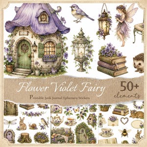 May include: A collection of printable junk journal ephemera stickers featuring a violet fairy theme. Elements include a purple mushroom house, a fairy, a hedgehog, birds, lanterns, books, teacups, rabbits, and floral motifs with the text Flower Violet Fairy.