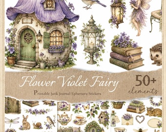 Flower Violet Fairy Stickers for Junk Journals, Printable Fussy Cuts, Digital Ephemera, Scrapbook,  JPG