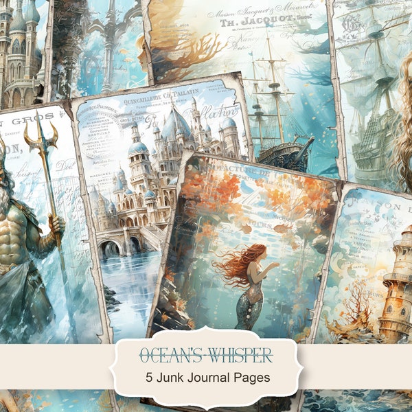 Ocean's whisper Junk Journal Pages, Mermaid Digital Paper for Scrapbooking, Sea Digital Paper, Marine Journal Pages, 5 Pages JPG