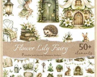 Flower Lily Fairy Stickers for Junk Journals, Printable Fussy Cuts, Digital Ephemera, Scrapbook,  JPG