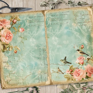 Op de afbeelding: Een vintage stijl dagboek met een blauwe en groene achtergrond. Het dagboek heeft een kantpatroon en bevat rozen, vogels en handschrift. De tekst bevat "Ja 160 Lume" en "Sperm".