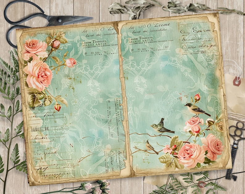 Op de afbeelding: Een vintage stijl dagboek met een blauwe en groene achtergrond. Het dagboek heeft een kantpatroon en bevat rozen, vogels en handschrift. De tekst bevat "Ja 160 Lume" en "Sperm".