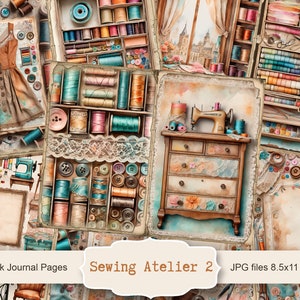Atelier 2 naaien, 5 digitale pagina's met ongewenste dagboeken, plakboekkit, afdrukbaar naaister, collageblad kant, kortstondige naaimachine