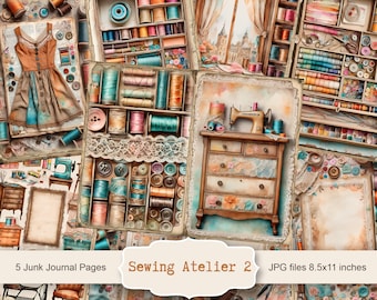 Couture Atelier 2, 5 pages de journal numérique indésirable, kit de papier pour scrapbooking, impression couturière, feuille de dentelle pour collage, éphémères pour machine à coudre
