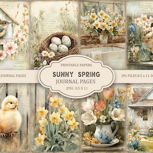 Peut inclure: Un collage d'illustrations à l'aquarelle sur le thème du printemps. Les images comprennent un nichoir avec un oiseau, un nid avec des œufs, des jonquilles, un lapin, un poussin, un cottage et des compositions florales. Le texte indique "Sunny Spring Journal Pages".