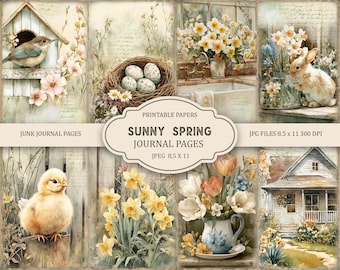 May include: A collection of watercolour illustrations with a spring theme. The images include a birdhouse with a bird, a nest with eggs, daffodils, a bunny, a chick, a cottage, and floral arrangements. Text reads "Sunny Spring Journal Pages".