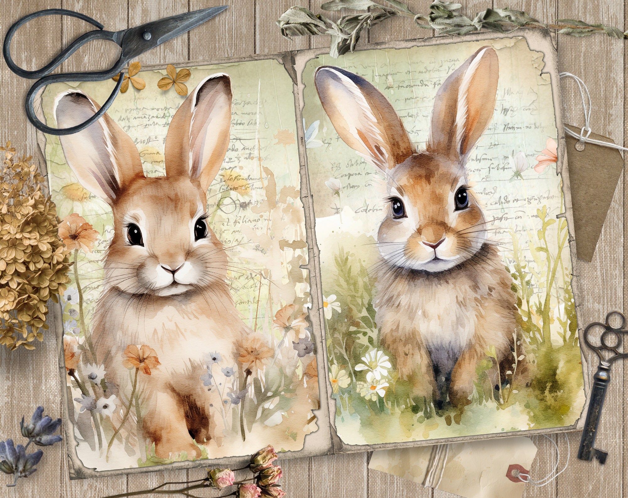Spring Bunnies 5 Junk Journal Digital Pages, Easter Paper Scrapbooking ...