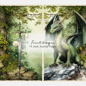 May include: A green dragon with wings spread wide sits on a rock in a forest setting. The dragon has red eyes and a long tail. The background is a lush green forest with a sword and white roses in the foreground. The text "Forest dragon 14 Junk Journal Pages" is visible in the image.