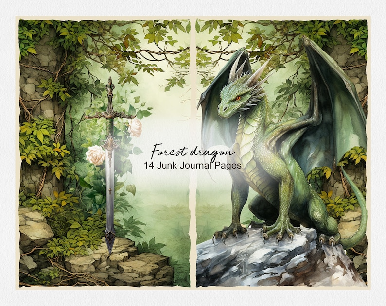 May include: A green dragon with wings spread wide sits on a rock in a forest setting. The dragon has red eyes and a long tail. The background is a lush green forest with a sword and white roses in the foreground. The text "Forest dragon 14 Junk Journal Pages" is visible in the image.