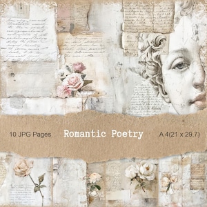Pagine di diario di poesia romantica, pacchetto di carta stampabile, pagine stampabili, pagina rovinata, fogli di collage, 10 JPC (A-4),