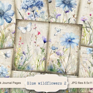 Op de afbeelding: Een verzameling van vijf pagina's uit een junk journal met aquarel illustraties van blauwe wilde bloemen en vlinders. De pagina's hebben een vintage esthetiek met handgeschreven tekst en bloemelementen. De tekst op de afbeelding luidt "Blue wildflowers 2" en "JPG-bestanden 21,6x27,9 cm."