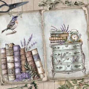 May include: Watercolor illustration featuring a vintage aesthetic. The image showcases a bird perched on a branch, books, lavender, and a mint-colored dresser with an antique clock. Decorative scissors and a key are also present.