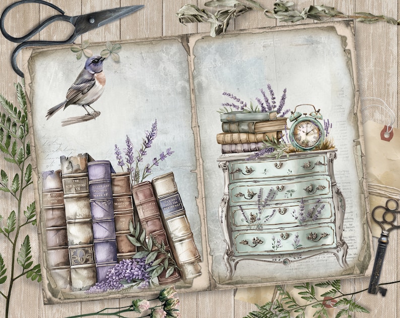 May include: Watercolor illustration featuring a vintage aesthetic. The image showcases a bird perched on a branch, books, lavender, and a mint-colored dresser with an antique clock. Decorative scissors and a key are also present.