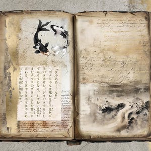 May include: An open antique book with a faded brown cover and pages. The left page features a black and white ink drawing of two fish swimming in a circle. The right page has handwritten text and a watercolor painting of a river.