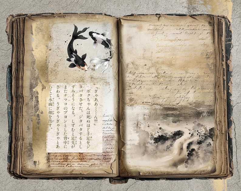 May include: An open antique book with a faded brown cover and pages. The left page features a black and white ink drawing of two fish swimming in a circle. The right page has handwritten text and a watercolor painting of a river.