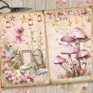 May include: A vintage-style scrapbook page with a fairy flying over a stone gate and a second page with pink mushrooms and a floral design. The pages are decorated with stars and lanterns.