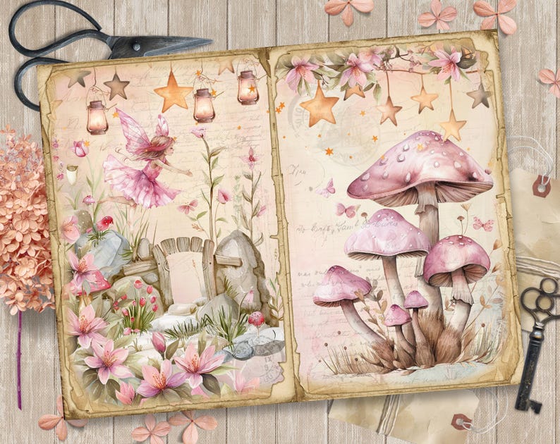 May include: A vintage-style scrapbook page with a fairy flying over a stone gate and a second page with pink mushrooms and a floral design. The pages are decorated with stars and lanterns.