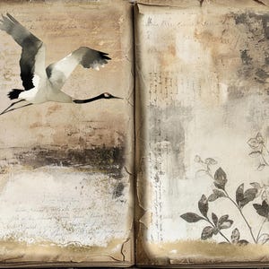 May include: An open book with a watercolor painting of a crane in flight on the left page. The right page has a faded background with a floral design.