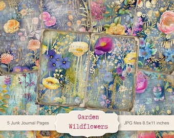 Garden Wildflowers Journal Kit, 5 Digital Junk Journal Pages, 11 x 8.5, Printable Journal Ephemera, Paper Craft, Instant Download