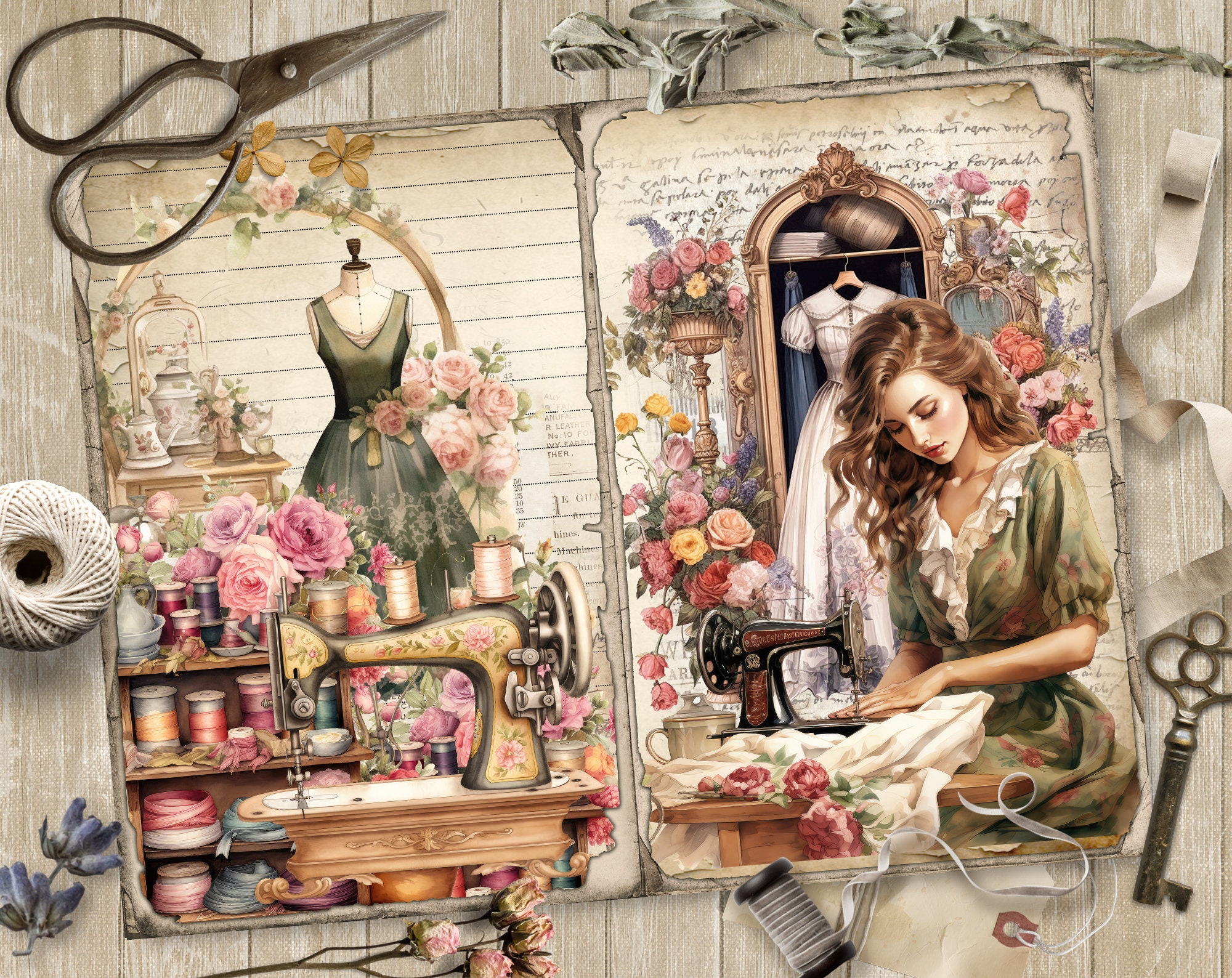 Vintage Sewing, 5 Digital Junk Journal Pages, Scrapbook Paper Kit ...