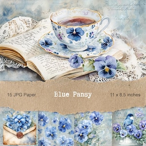 Blue Pansy Digital Paper Pack for junk journals, Printable Pages, Distressed Page, collage sheets, Scrapbooking Vintage Ephemera 11&quot; x 8.5&quot;