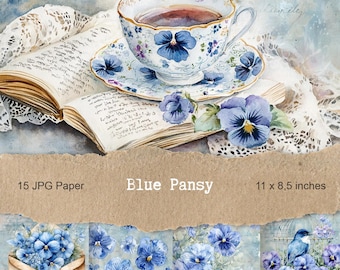 Blue Pansy Digital Paper Pack for junk journals, Printable Pages, Distressed Page, collage sheets, Scrapbooking Vintage Ephemera 11" x 8.5"