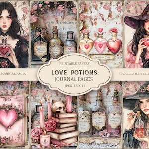 Pagine di diario spazzatura di San Valentino Love Potions, 11 x 8,5, effimeri di diario stampabili, lavoretti di carta, download immediato