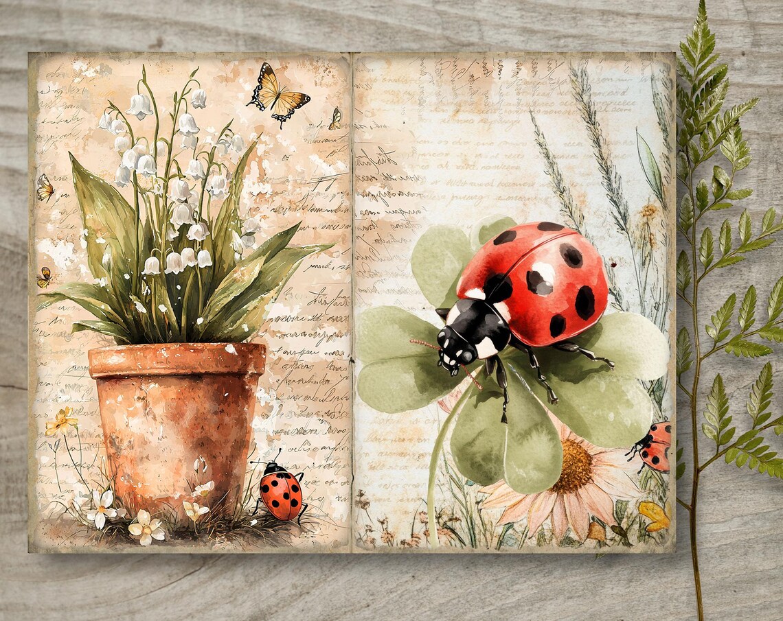 Floral Ladybug Junk Journal Kit: Printable Scrapbook Pages, Flowers ...