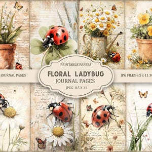 Peut inclure: Un collage de pages de journal de style vintage avec des illustrations à l'aquarelle de fleurs, de coccinelles et de papillons. Les pages incluent du texte et sont étiquetées "Floral Ladybug Journal Pages" et "Junk Journal Pages". L'image est étiquetée "JPG Files 8.5 x 11 300 DPI".