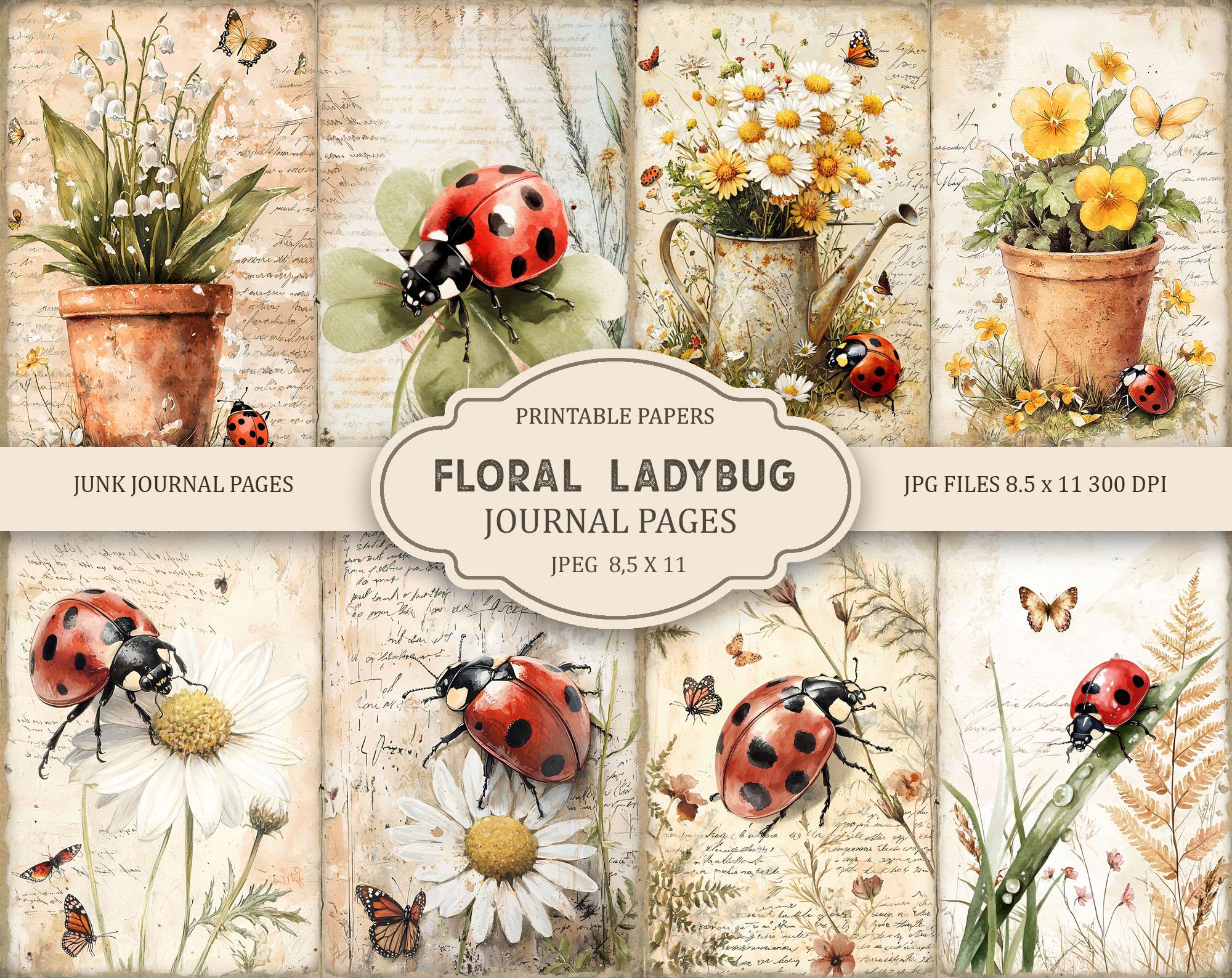 Floral Ladybug Junk Journal Kit: Printable Scrapbook Pages, Flowers ...