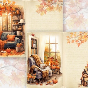 May include: A cozy living room scene with a blue sofa, a plaid armchair, and a window with fall foliage. The room is decorated with pumpkins, books, and a blanket.