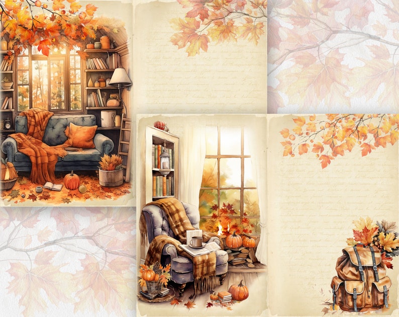 May include: A cozy living room scene with a blue sofa, a plaid armchair, and a window with fall foliage. The room is decorated with pumpkins, books, and a blanket.