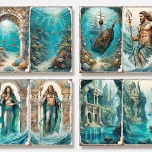 K&ouml;nnte beinhalten: Sechs Illustrationen, die eine Unterwasserwelt mit einem versunkenen Schiff, einer Meerjungfrau, einem Meermann und einer Stadt darstellen. Die Illustrationen sind in einem realistischen Stil mit Liebe zum Detail gemalt.