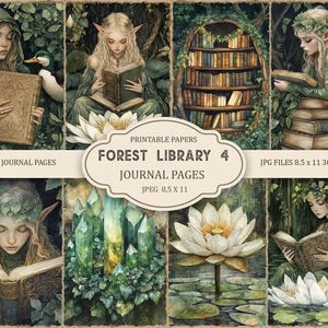 Puede incluir: Papeles imprimibles digitales titulados "Forest Library 4" con arte de fantasía. Las imágenes incluyen ilustraciones de elfos, libros y escenas de la naturaleza. El texto de la imagen dice "Junk Journal Pages" y "JPG Files 8.5 x 11 300 DPI".